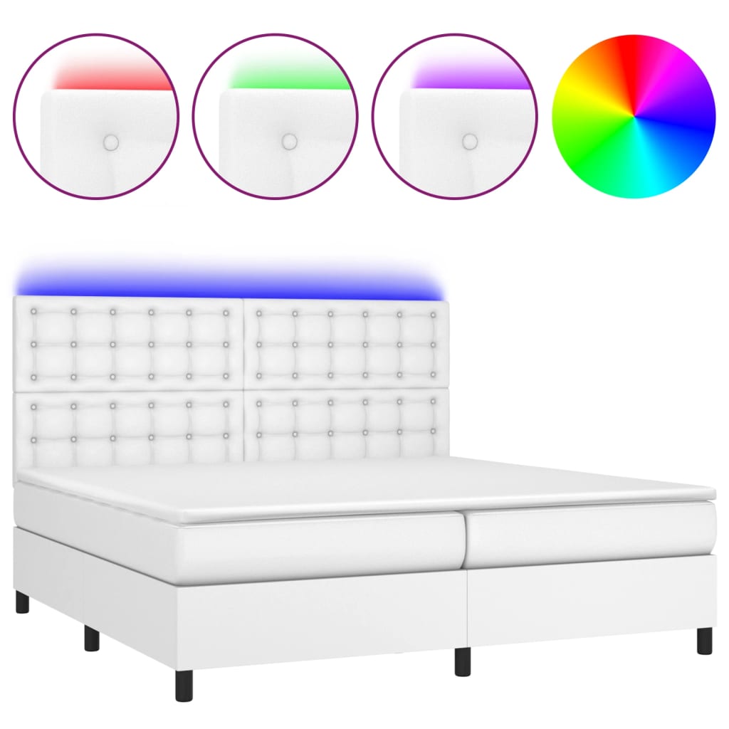 vidaXL Cama box spring colchón y LED cuero sintético blanco 200x200 cm