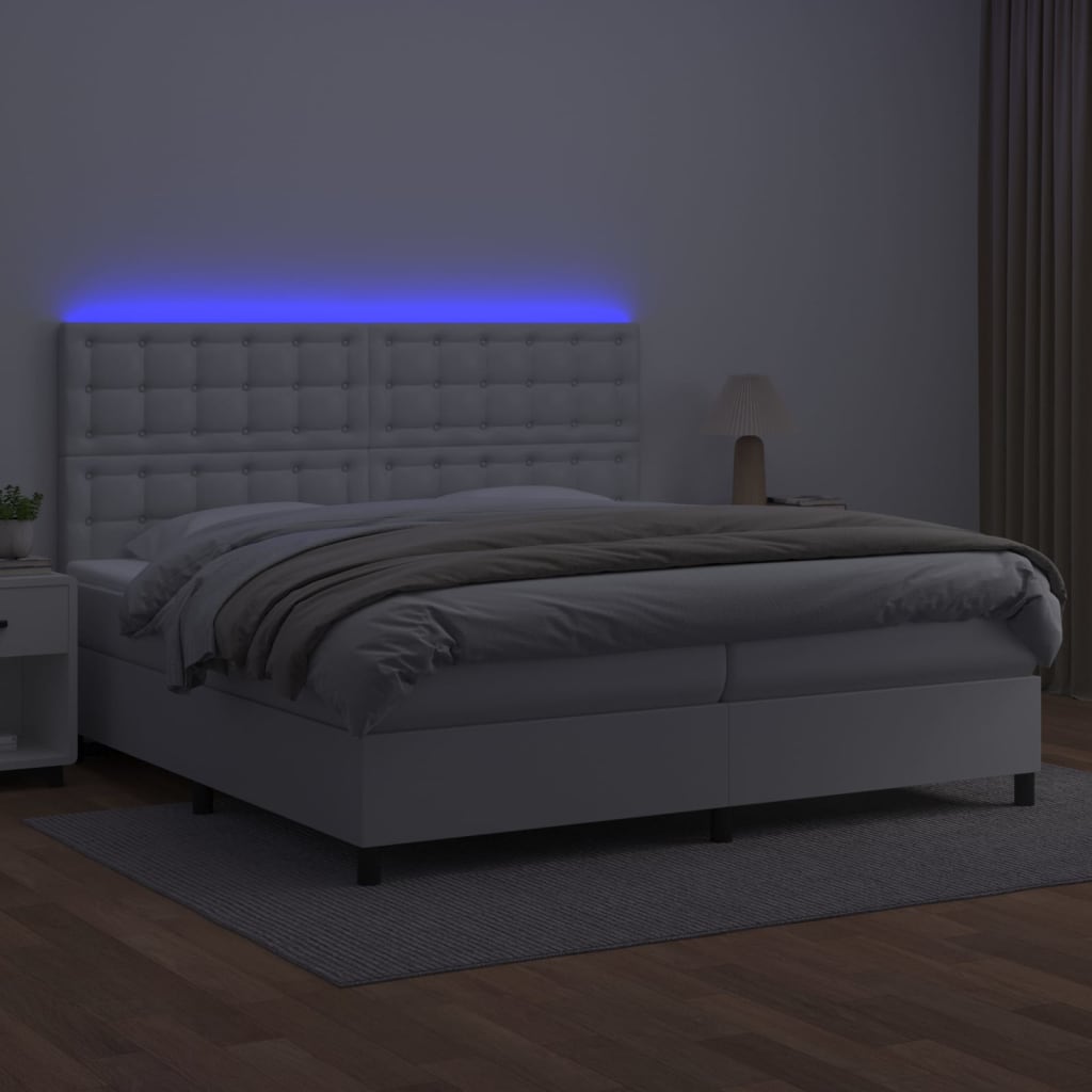 vidaXL Cama box spring colchón y LED cuero sintético blanco 200x200 cm