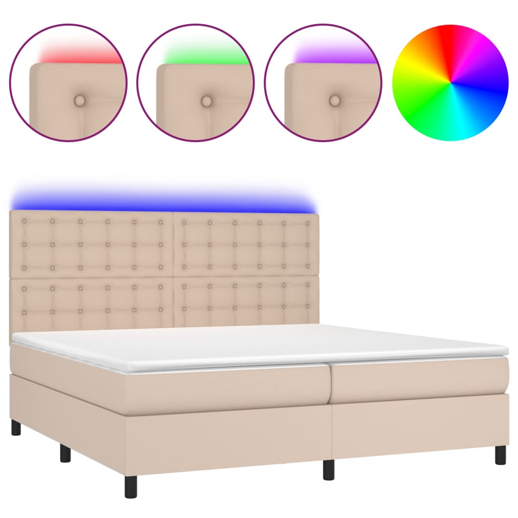 vidaXL Cama box spring colchón LED cuero sintético capuchino 200x200cm