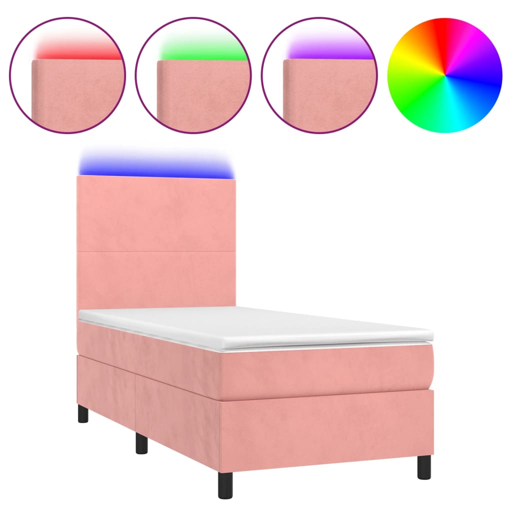 vidaXL Cama box spring colchón y LED terciopelo rosa 90x200 cm