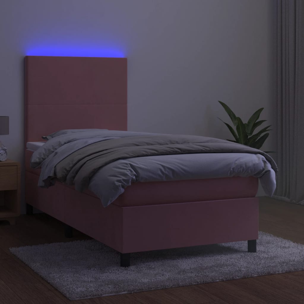 vidaXL Cama box spring colchón y LED terciopelo rosa 90x200 cm