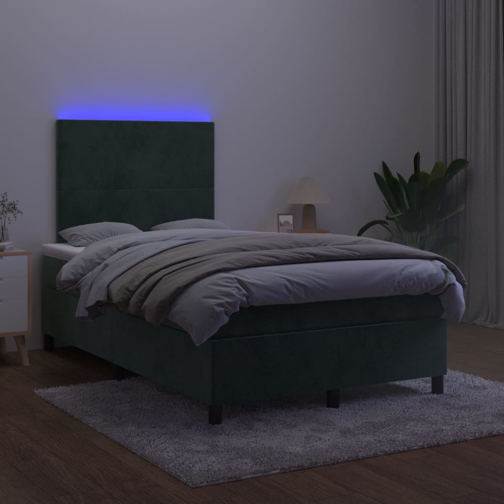 vidaXL Cama box spring colchón y LED terciopelo verde oscuro 120x200cm