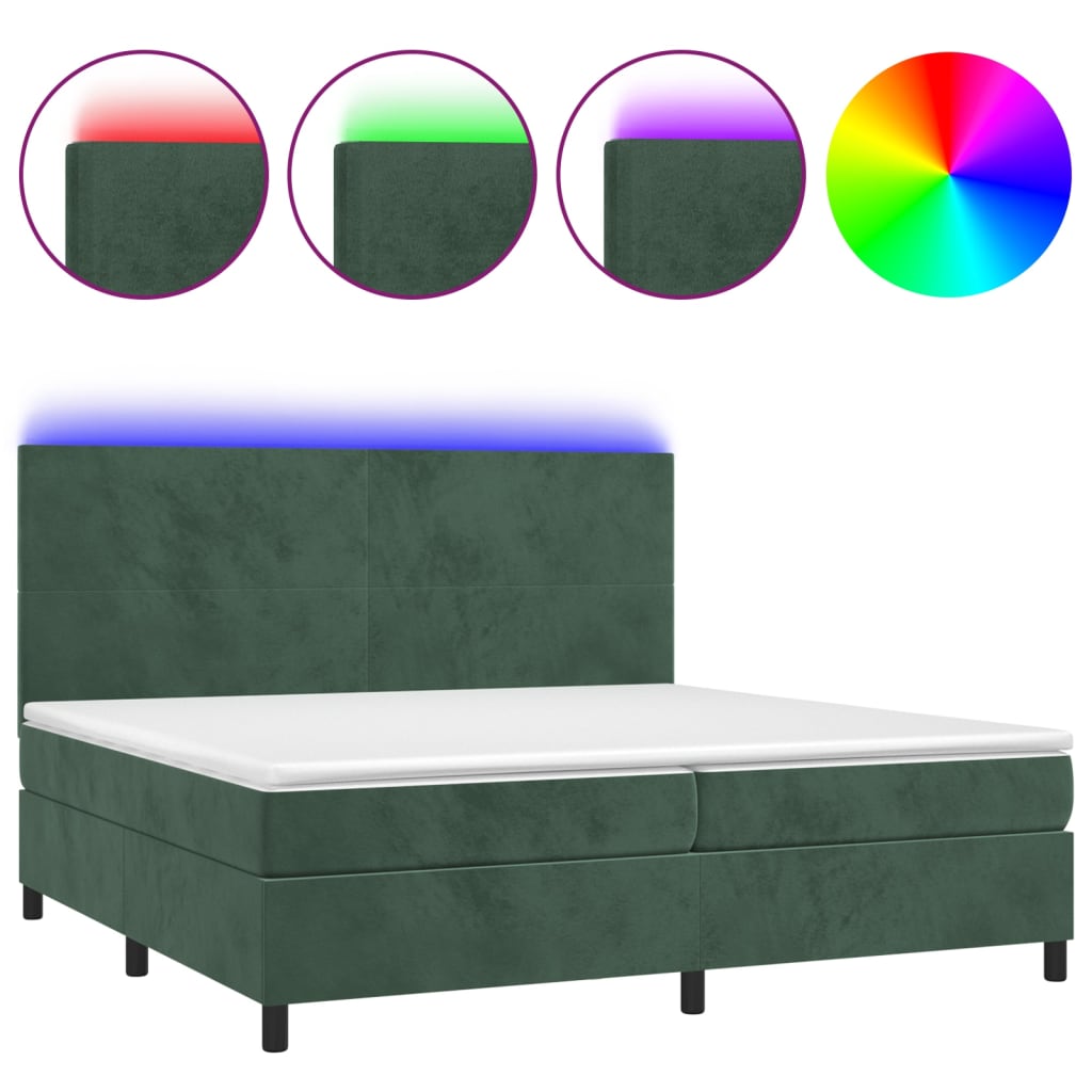 vidaXL Cama box spring colchón y LED terciopelo verde oscuro 200x200cm