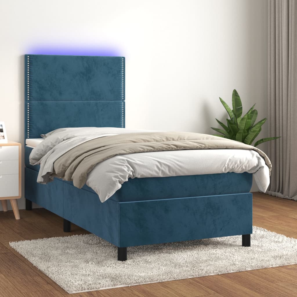 vidaXL Cama box spring colchón y LED terciopelo azul oscuro 80x200 cm