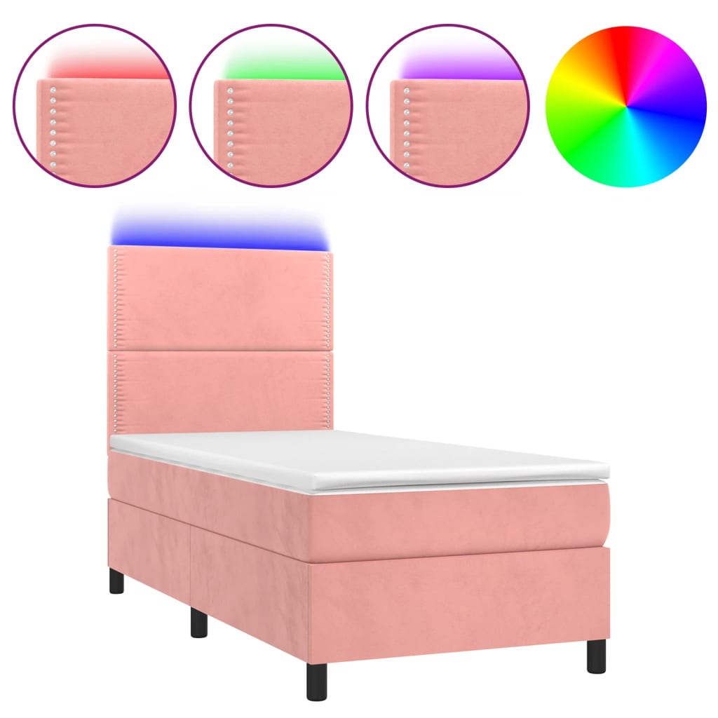 vidaXL Cama box spring colchón y LED terciopelo rosa 90x200 cm