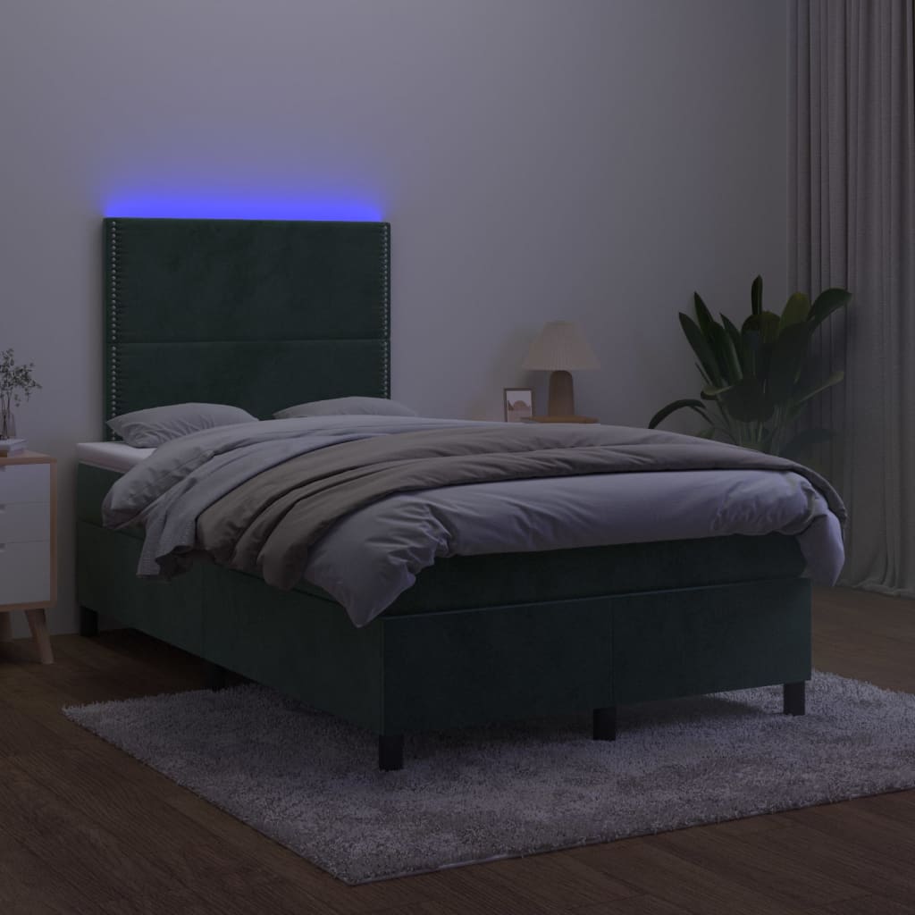 vidaXL Cama box spring colchón y LED terciopelo verde oscuro 120x200cm