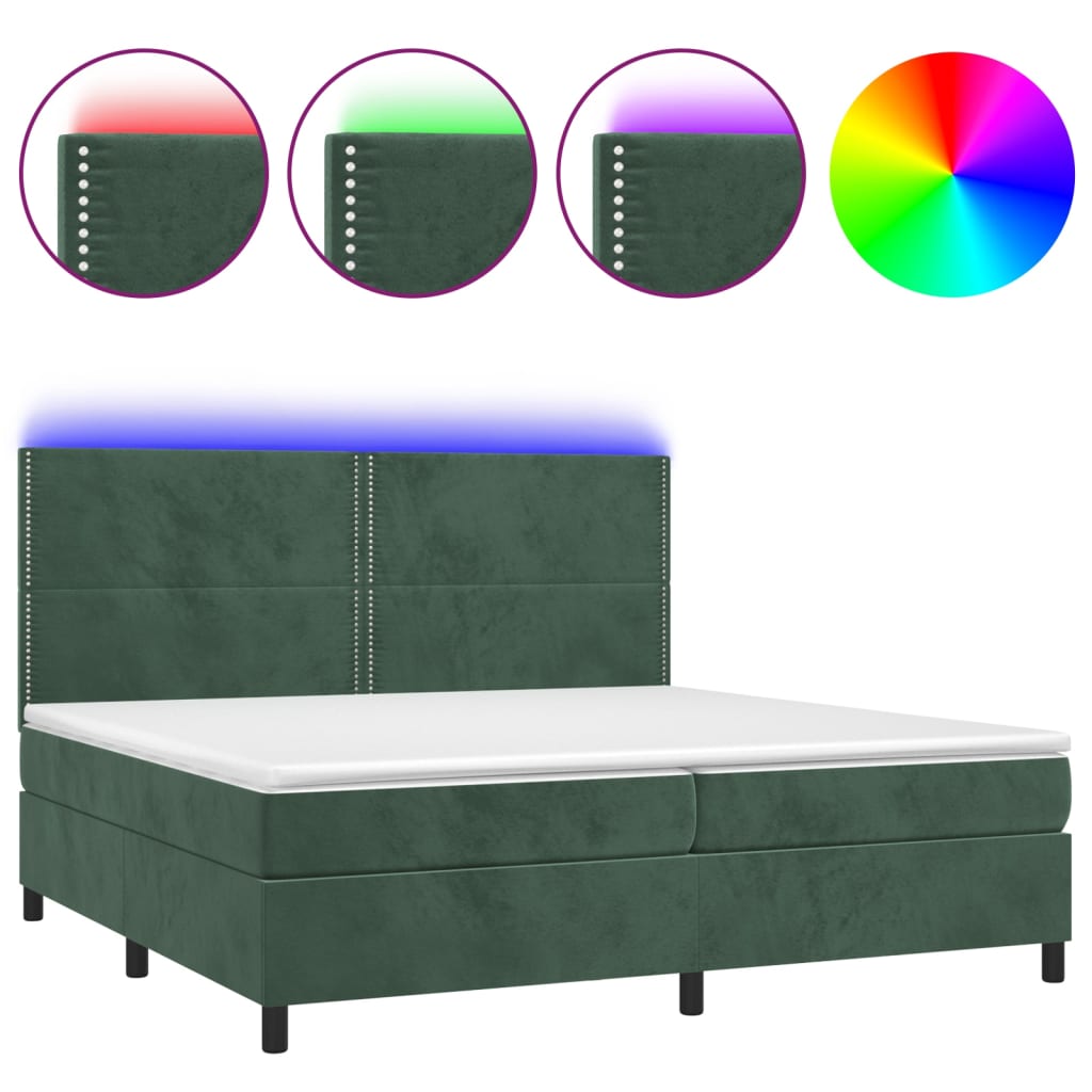 vidaXL Cama box spring colchón y LED terciopelo verde oscuro 200x200cm