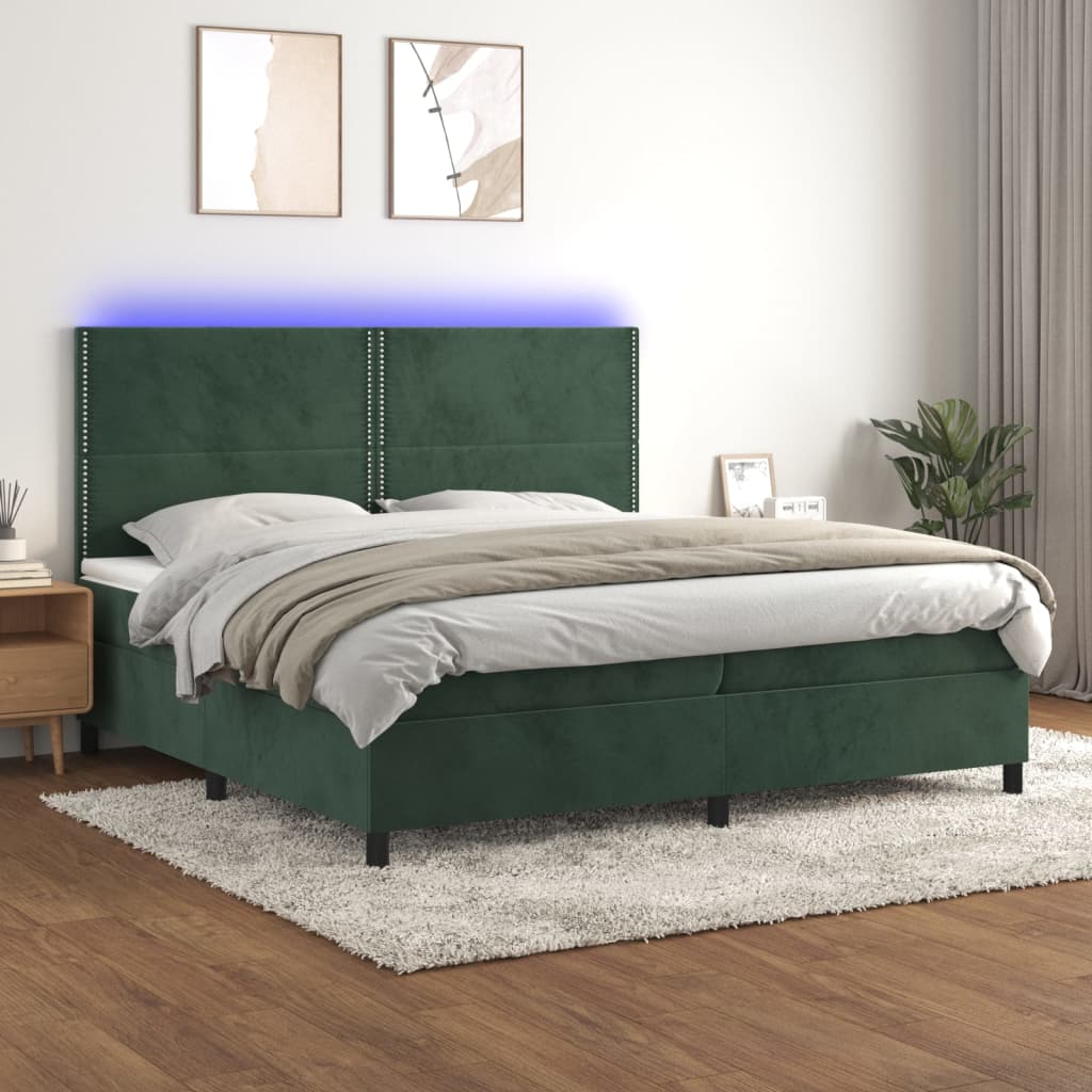 vidaXL Cama box spring colchón y LED terciopelo verde oscuro 200x200cm