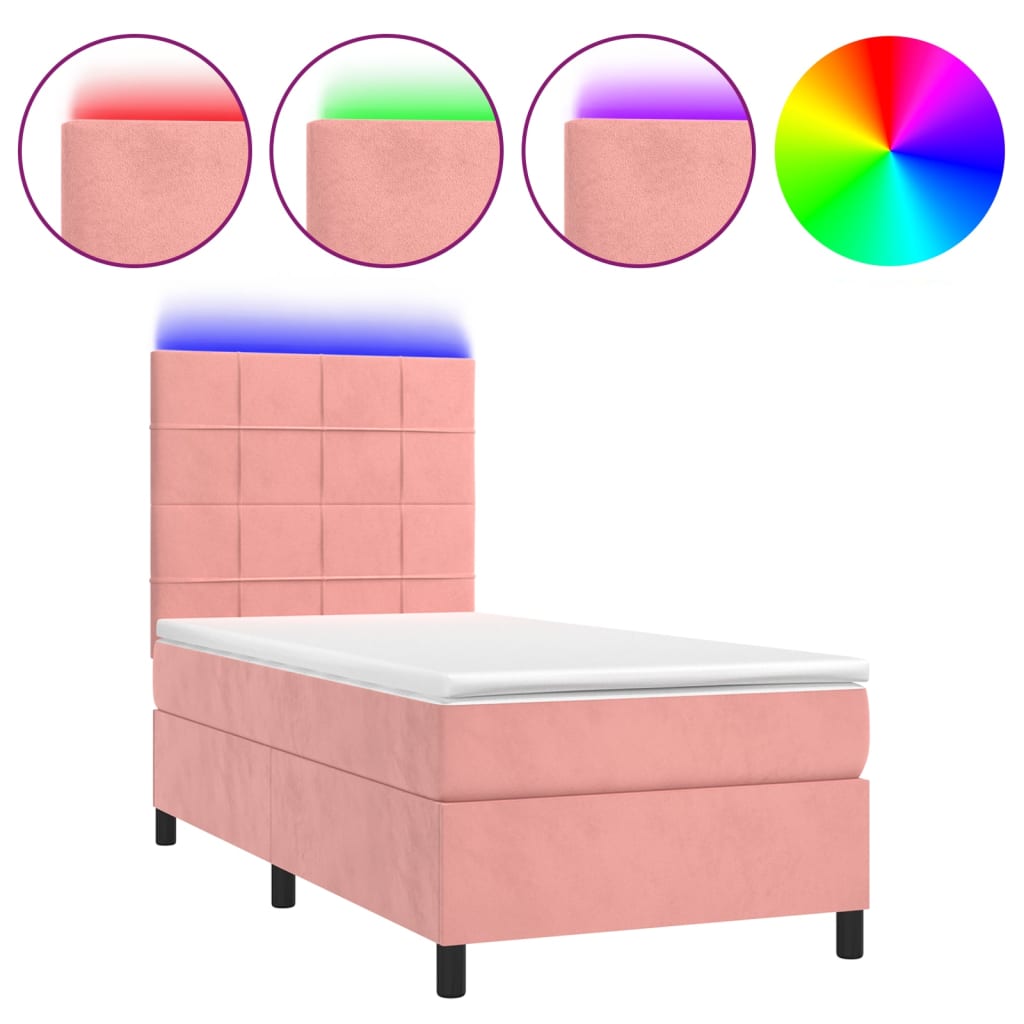 vidaXL Cama box spring colchón y LED terciopelo rosa 100x200 cm