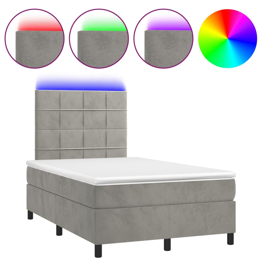 vidaXL Cama box spring colchón y LED terciopelo gris claro 120x200 cm