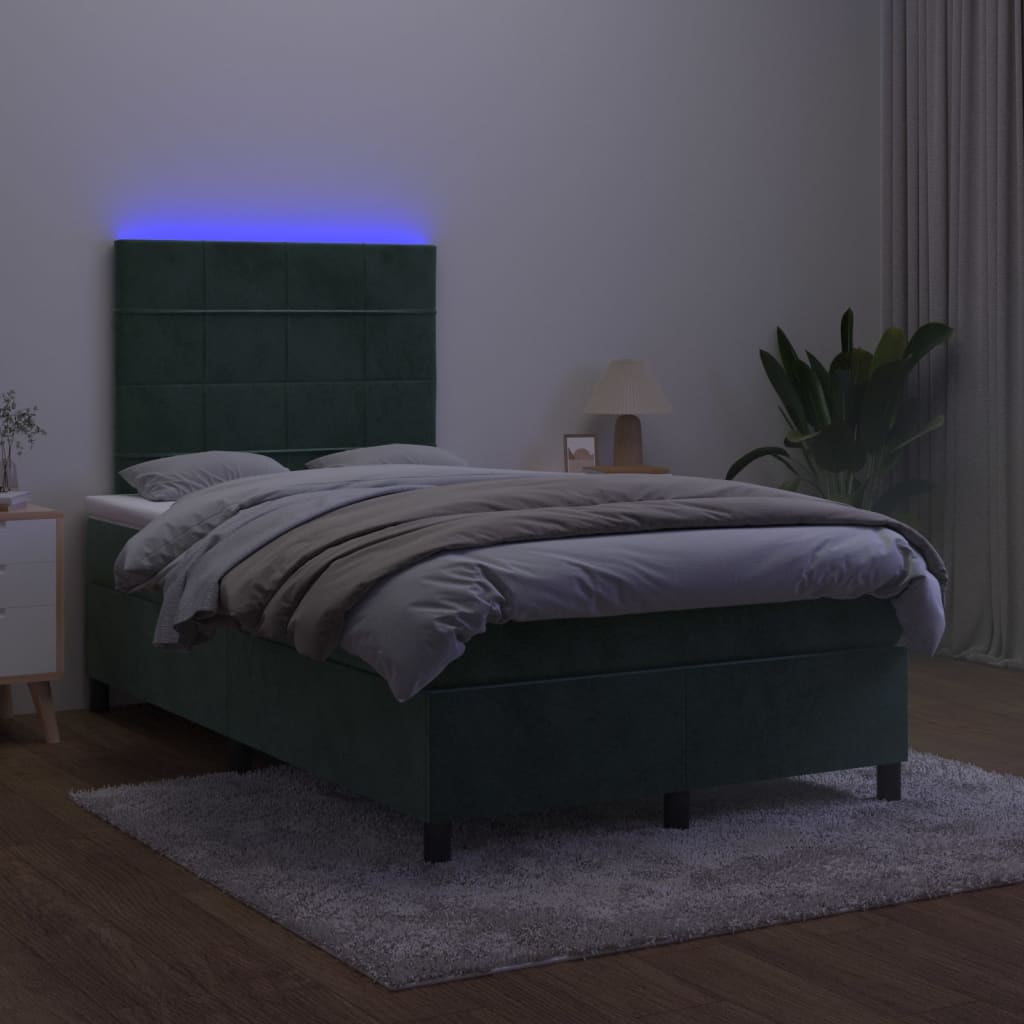 vidaXL Cama box spring colchón y LED terciopelo verde oscuro 120x200cm