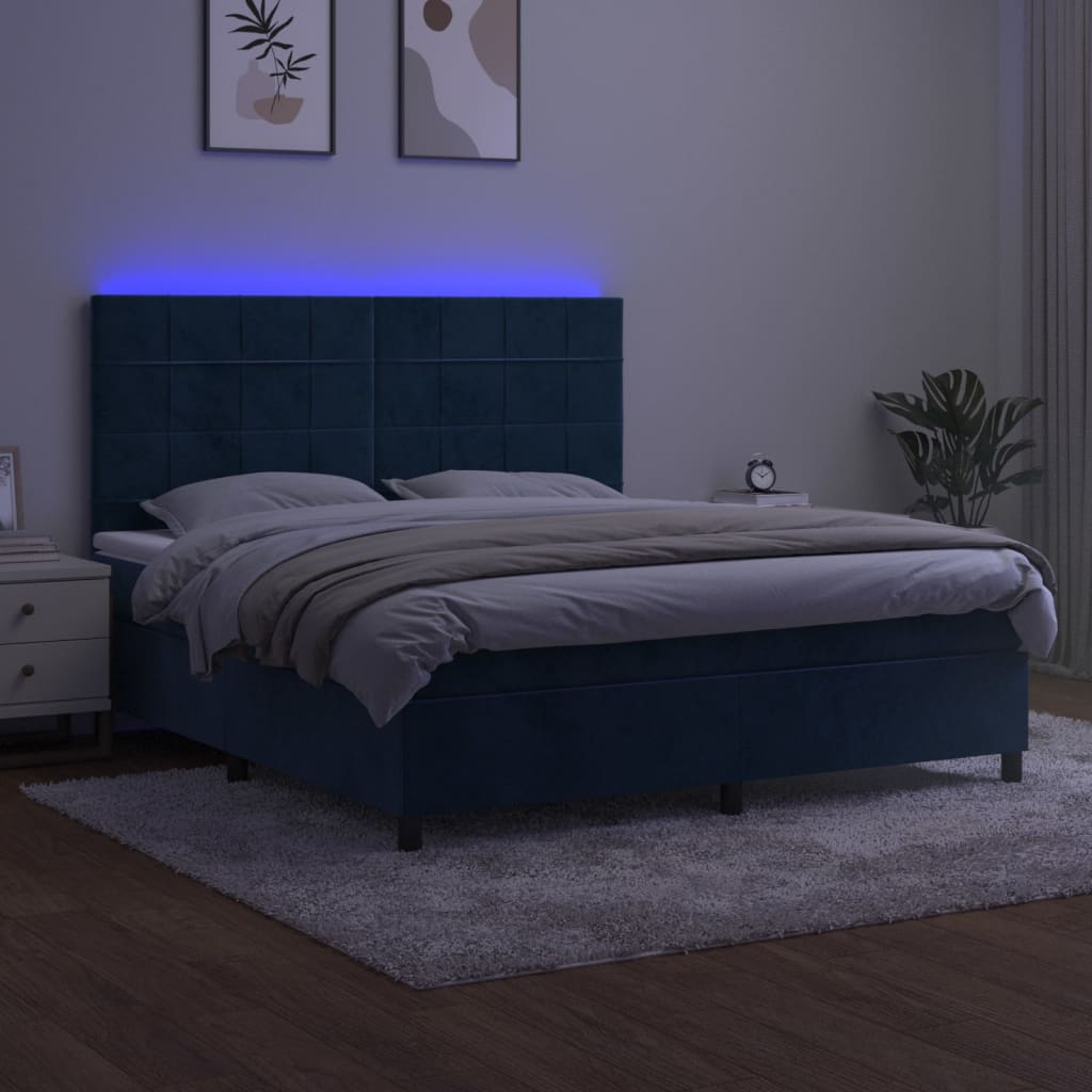 vidaXL Cama box spring colchón y LED terciopelo azul oscuro 160x200 cm