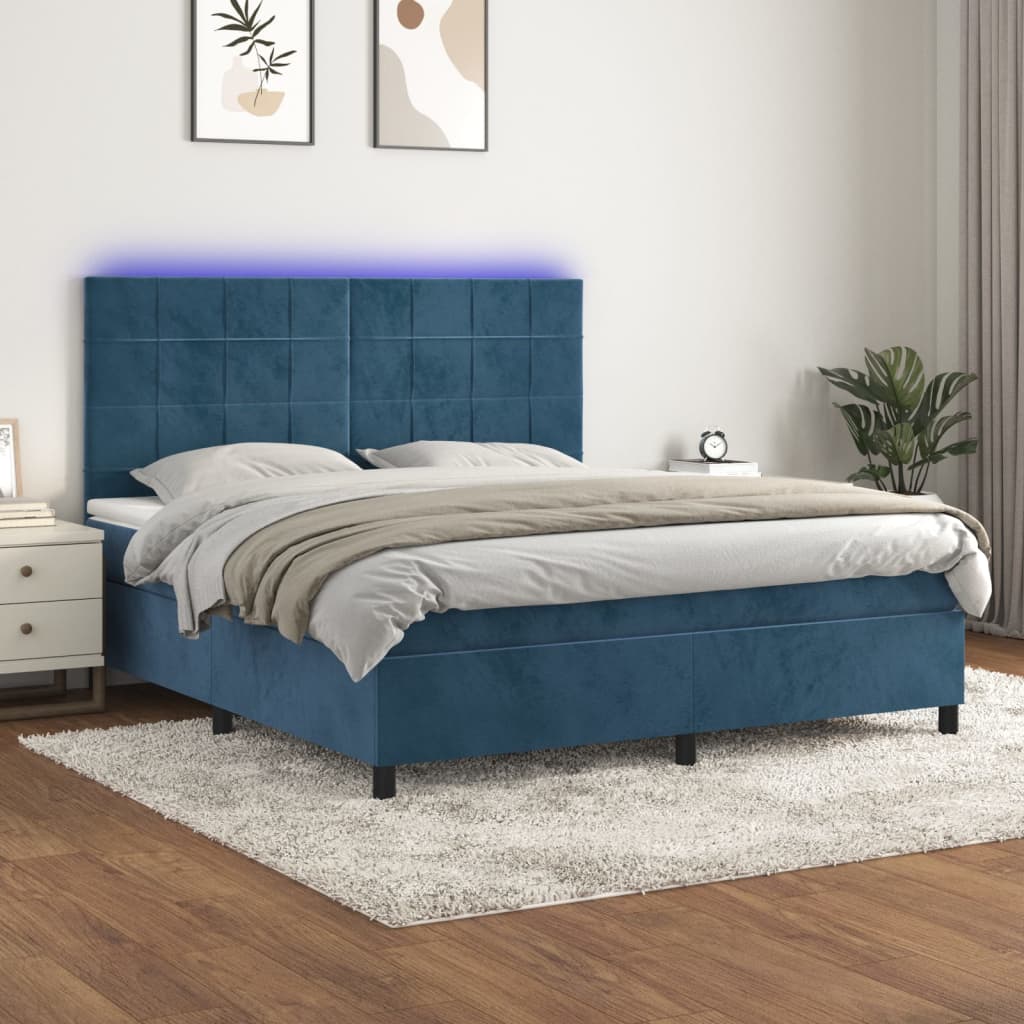 vidaXL Cama box spring colchón y LED terciopelo azul oscuro 160x200 cm