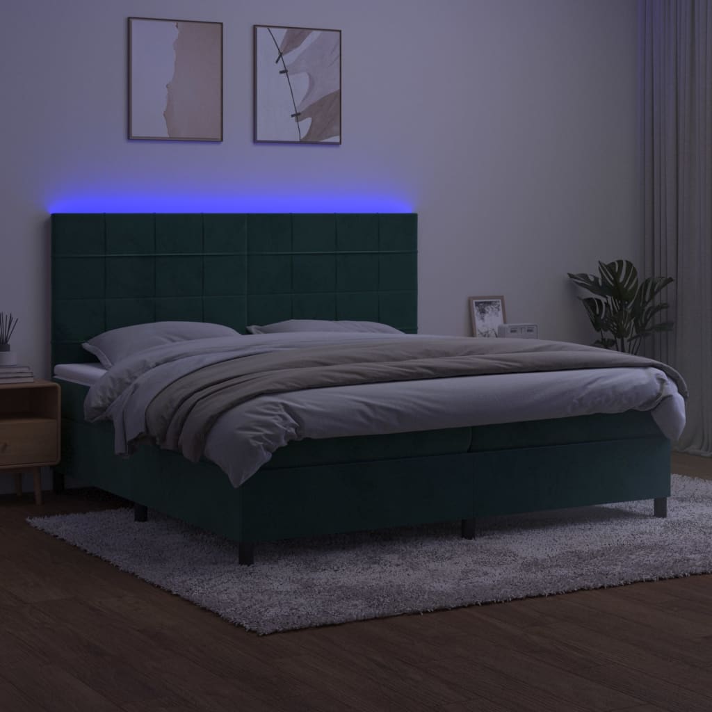 vidaXL Cama box spring colchón y LED terciopelo verde oscuro 200x200cm