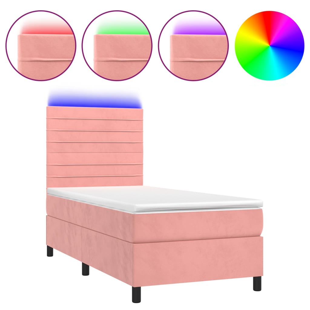 vidaXL Cama box spring colchón y LED terciopelo rosa 90x200 cm