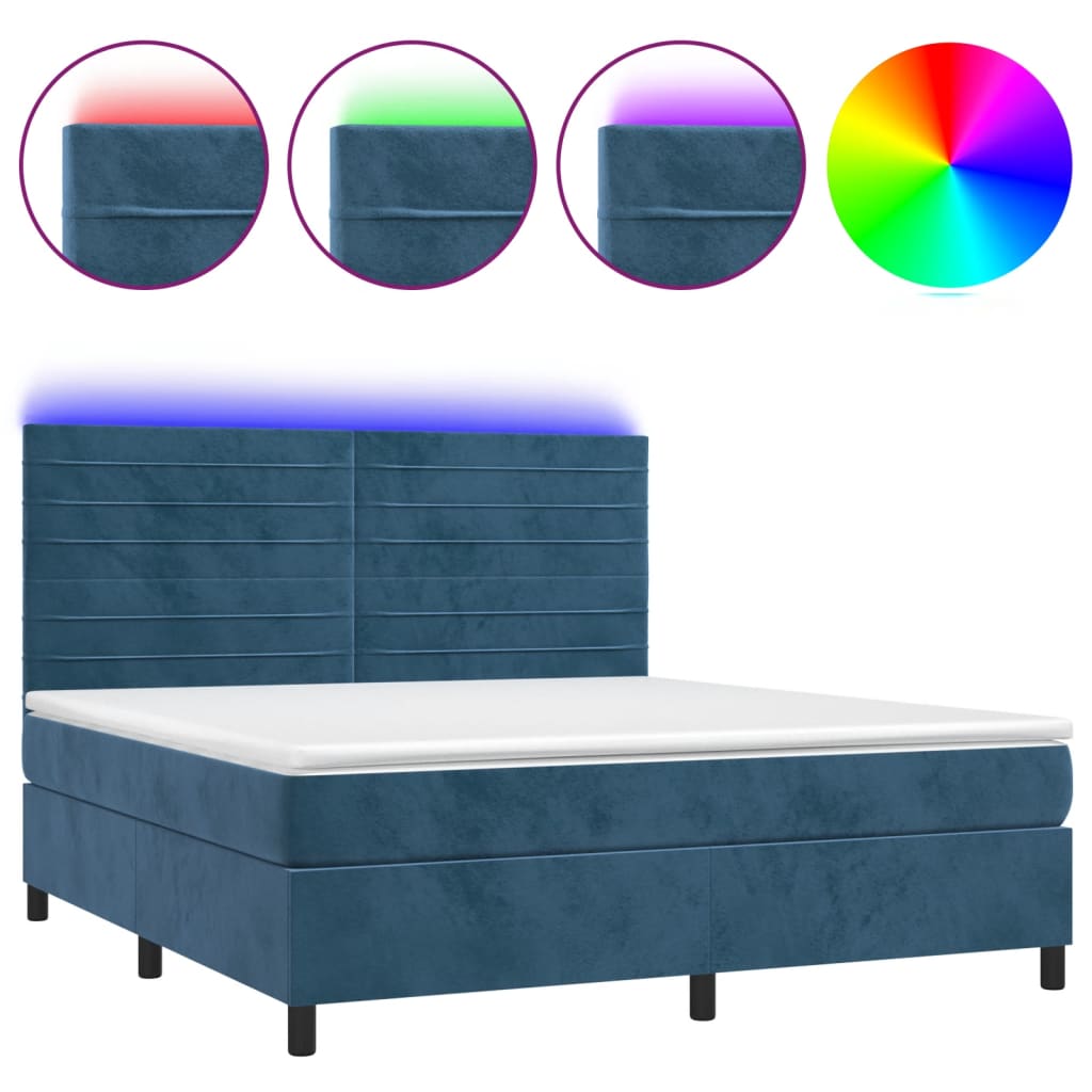 vidaXL Cama box spring colchón y LED terciopelo azul oscuro 160x200 cm