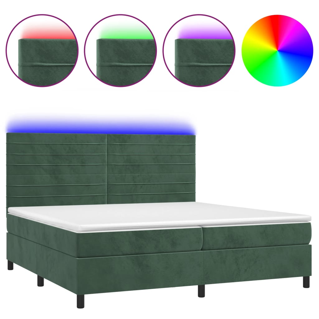 vidaXL Cama box spring colchón y LED terciopelo verde oscuro 200x200cm