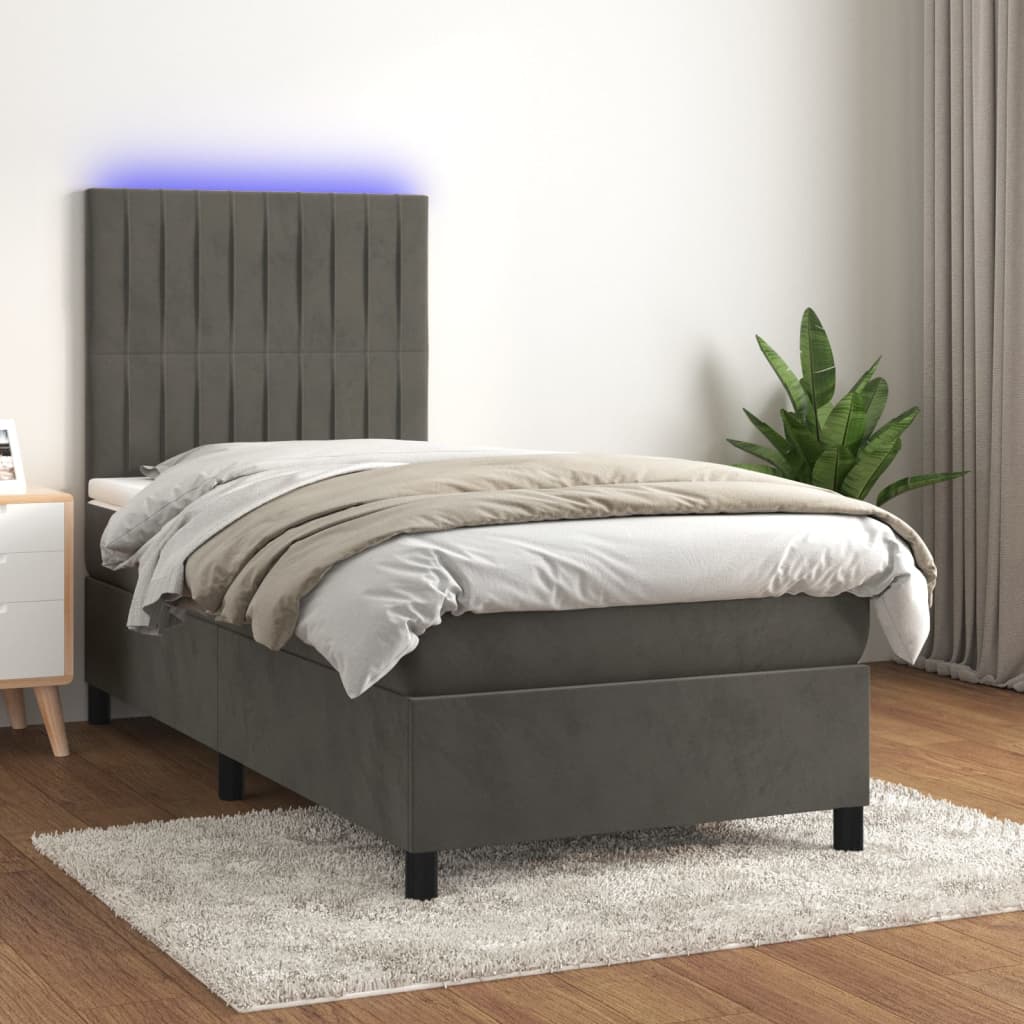 vidaXL Cama box spring colchón y LED terciopelo gris oscuro 90x190 cm