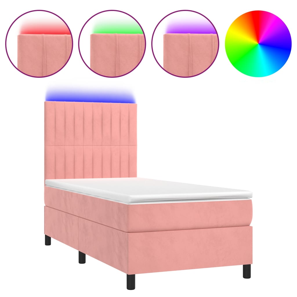 vidaXL Cama box spring colchón y LED terciopelo rosa 90x200 cm