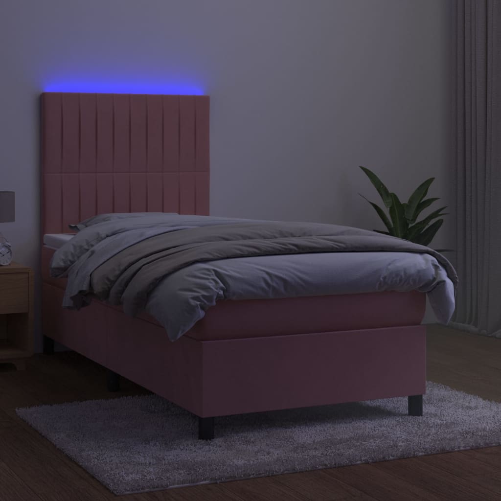 vidaXL Cama box spring colchón y LED terciopelo rosa 90x200 cm