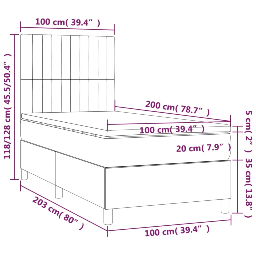 vidaXL Cama box spring colchón y LED terciopelo rosa 100x200 cm