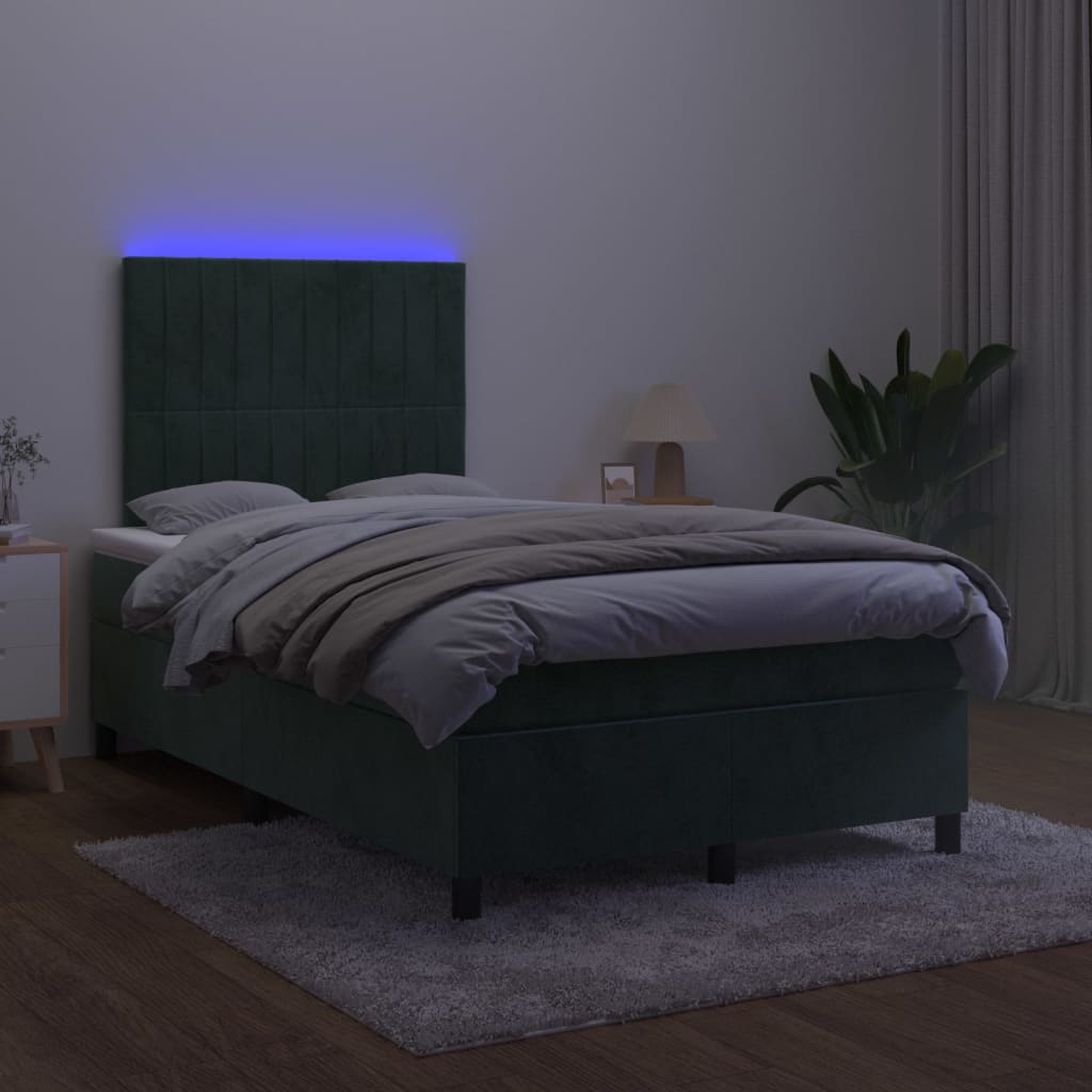 vidaXL Cama box spring colchón y LED terciopelo verde oscuro 120x200cm