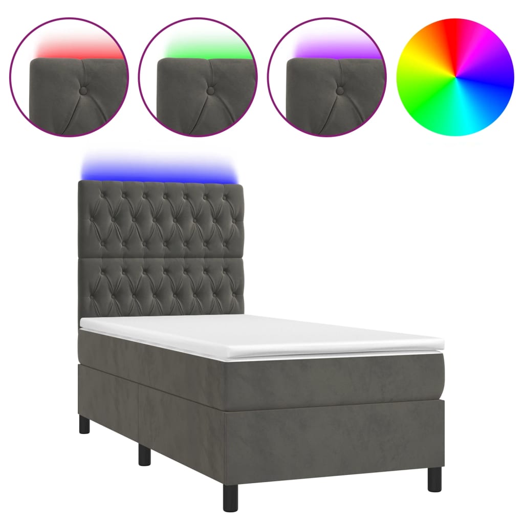 vidaXL Cama box spring colchón y LED terciopelo gris oscuro 90x190 cm