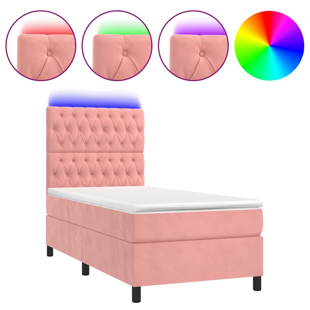 vidaXL Cama box spring colchón y LED terciopelo rosa 90x200 cm