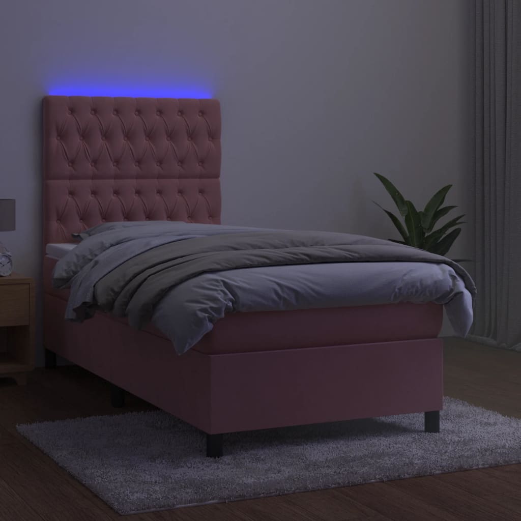 vidaXL Cama box spring colchón y LED terciopelo rosa 100x200 cm