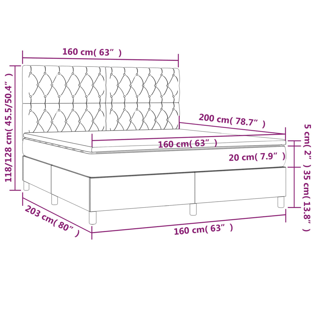 vidaXL Cama box spring colchón y LED terciopelo gris oscuro 160x200 cm