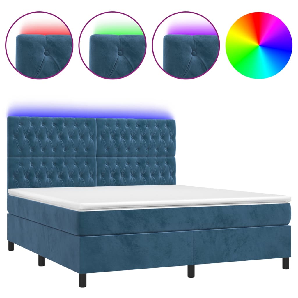 vidaXL Cama box spring colchón y LED terciopelo azul oscuro 160x200 cm