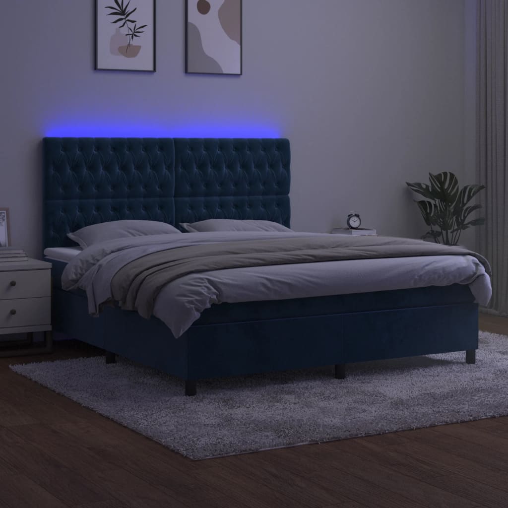 vidaXL Cama box spring colchón y LED terciopelo azul oscuro 160x200 cm