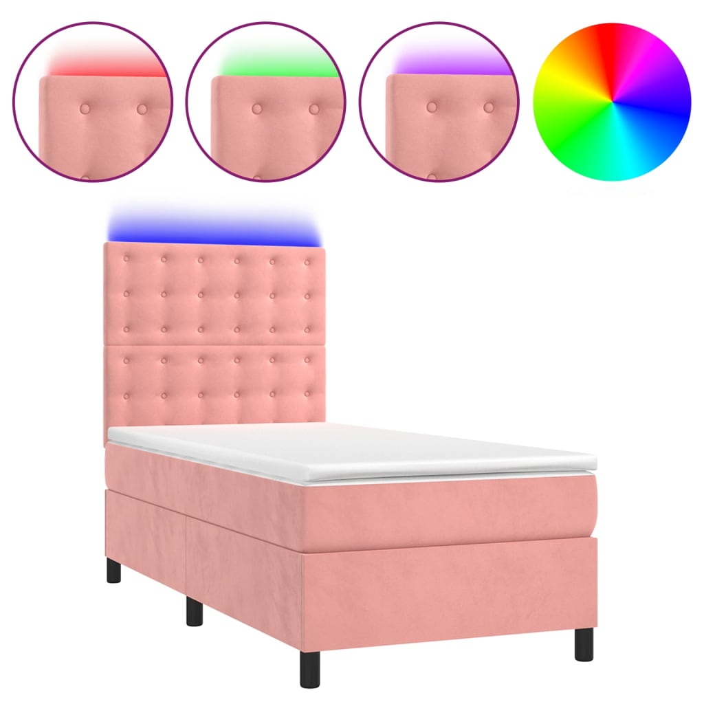 vidaXL Cama box spring colchón y LED terciopelo rosa 90x200 cm