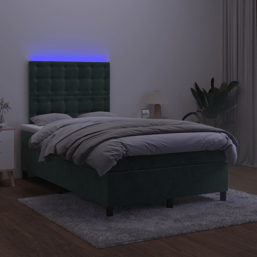 vidaXL Cama box spring colchón y LED terciopelo verde oscuro 120x200cm