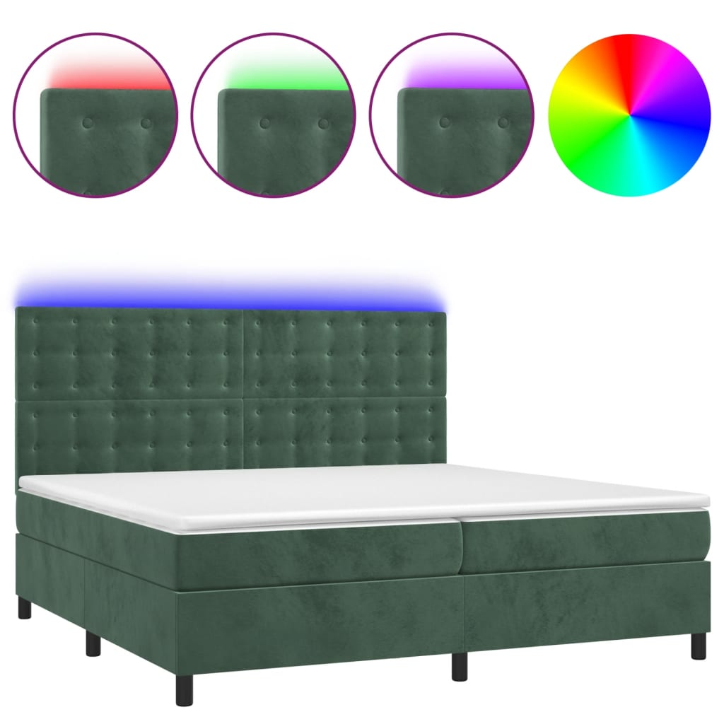 vidaXL Cama box spring colchón y LED terciopelo verde oscuro 200x200cm