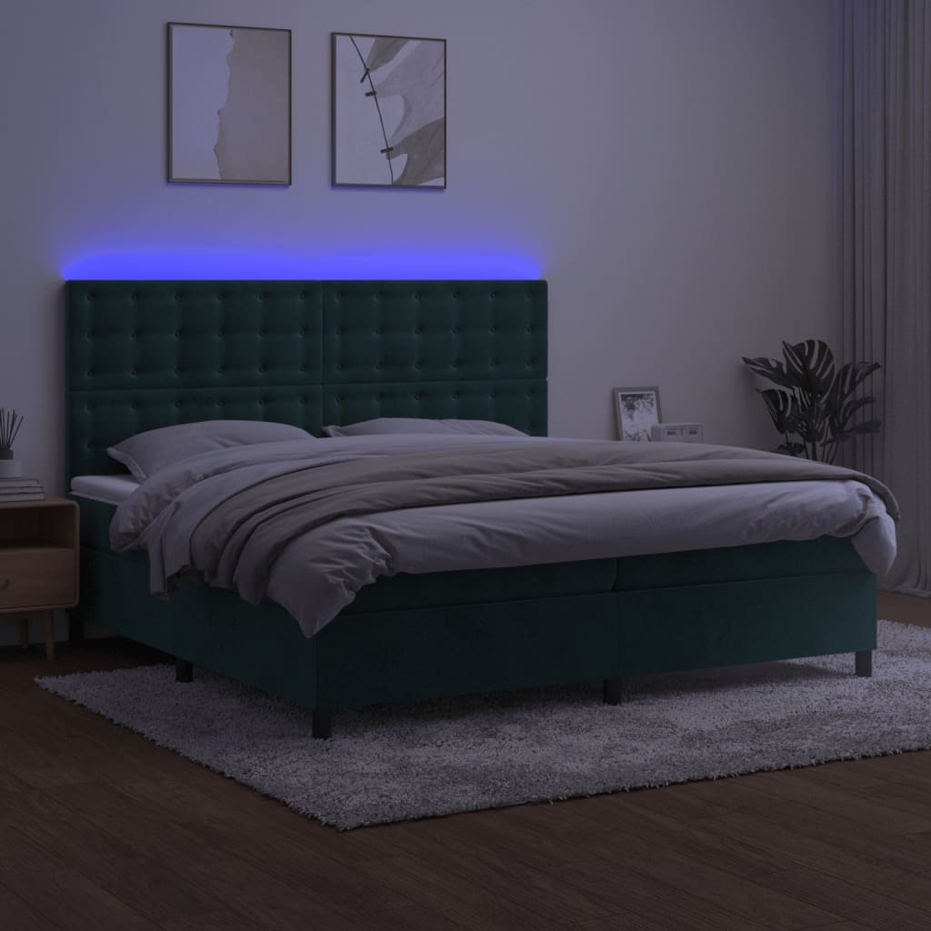 vidaXL Cama box spring colchón y LED terciopelo verde oscuro 200x200cm