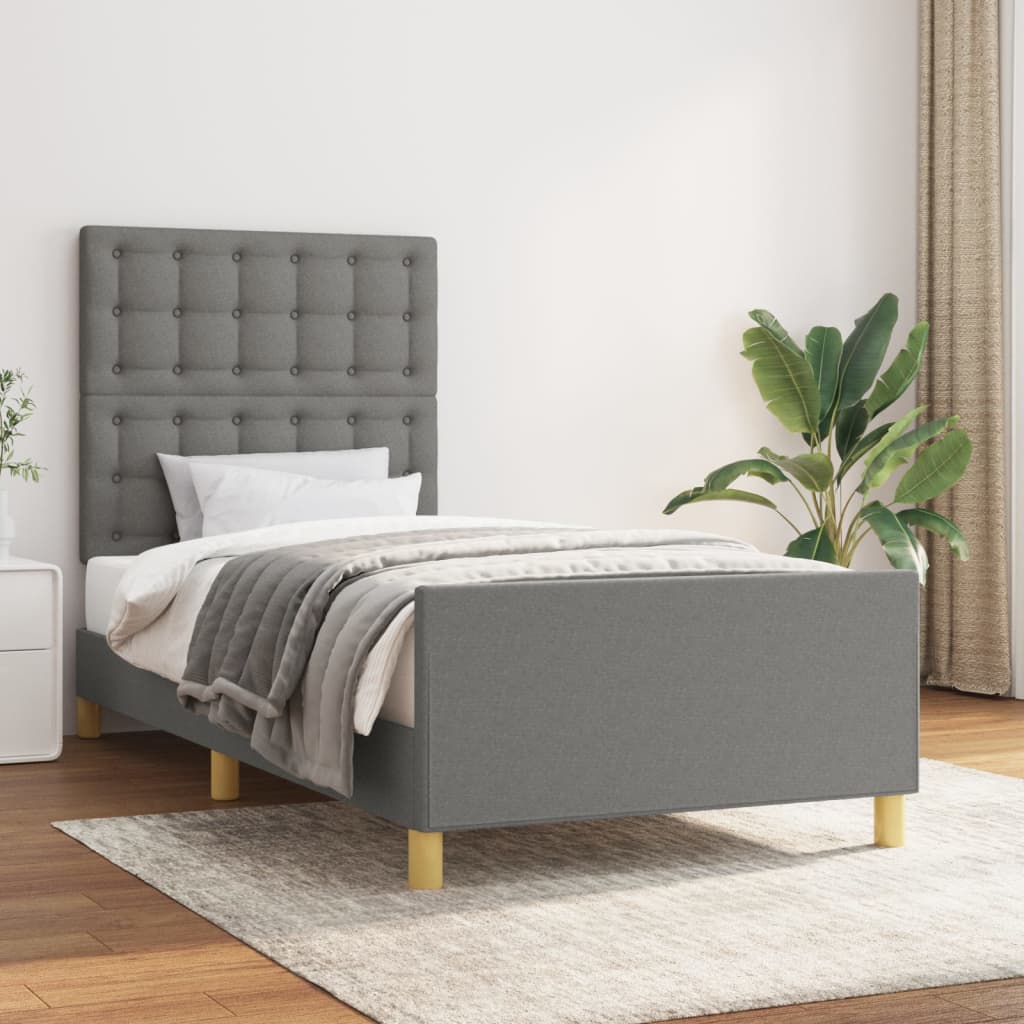 vidaXL Estructura de cama con cabecero de tela gris oscuro 90x190 cm