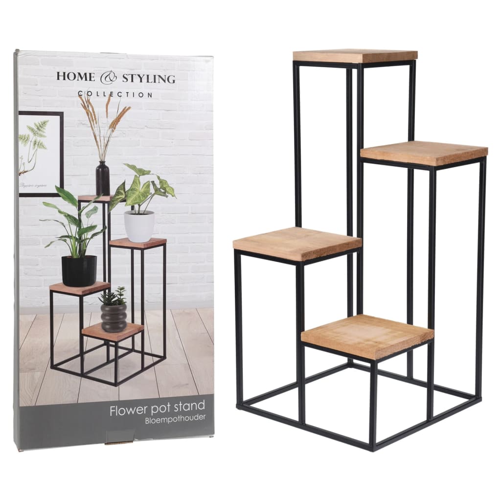 Home&Styling Soporte para plantas con 4 estantes natural y negro