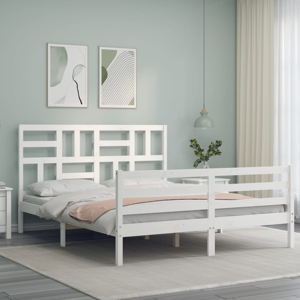 vidaXL Estructura de cama matrimonio con cabecero madera maciza blanco