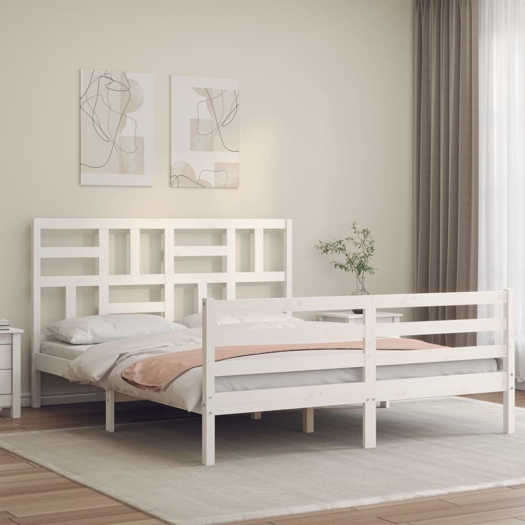 vidaXL Estructura de cama matrimonio con cabecero madera maciza blanco