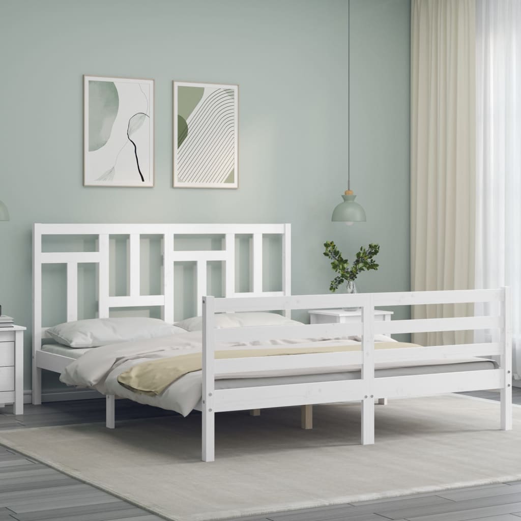 vidaXL Estructura de cama matrimonio con cabecero madera maciza blanco