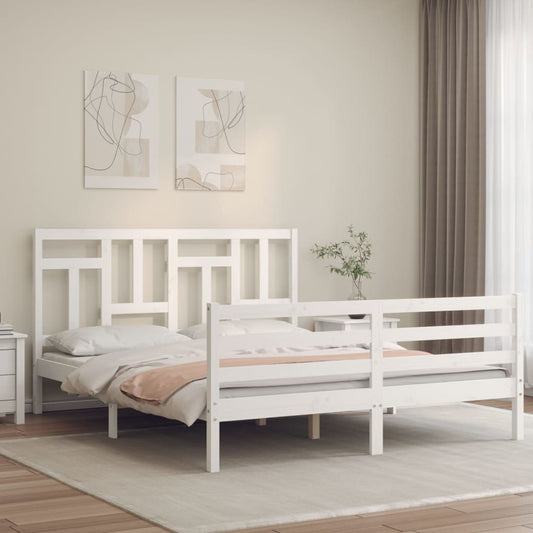 vidaXL Estructura de cama matrimonio con cabecero madera maciza blanco