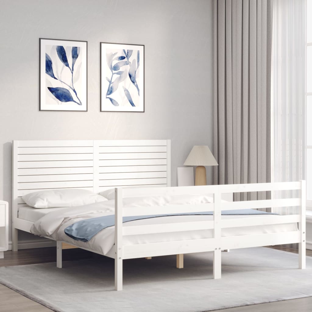 vidaXL Estructura de cama matrimonio con cabecero madera maciza blanco