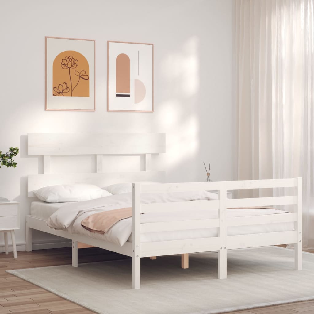 vidaXL Estructura cama de matrimonio con cabecero madera maciza blanco