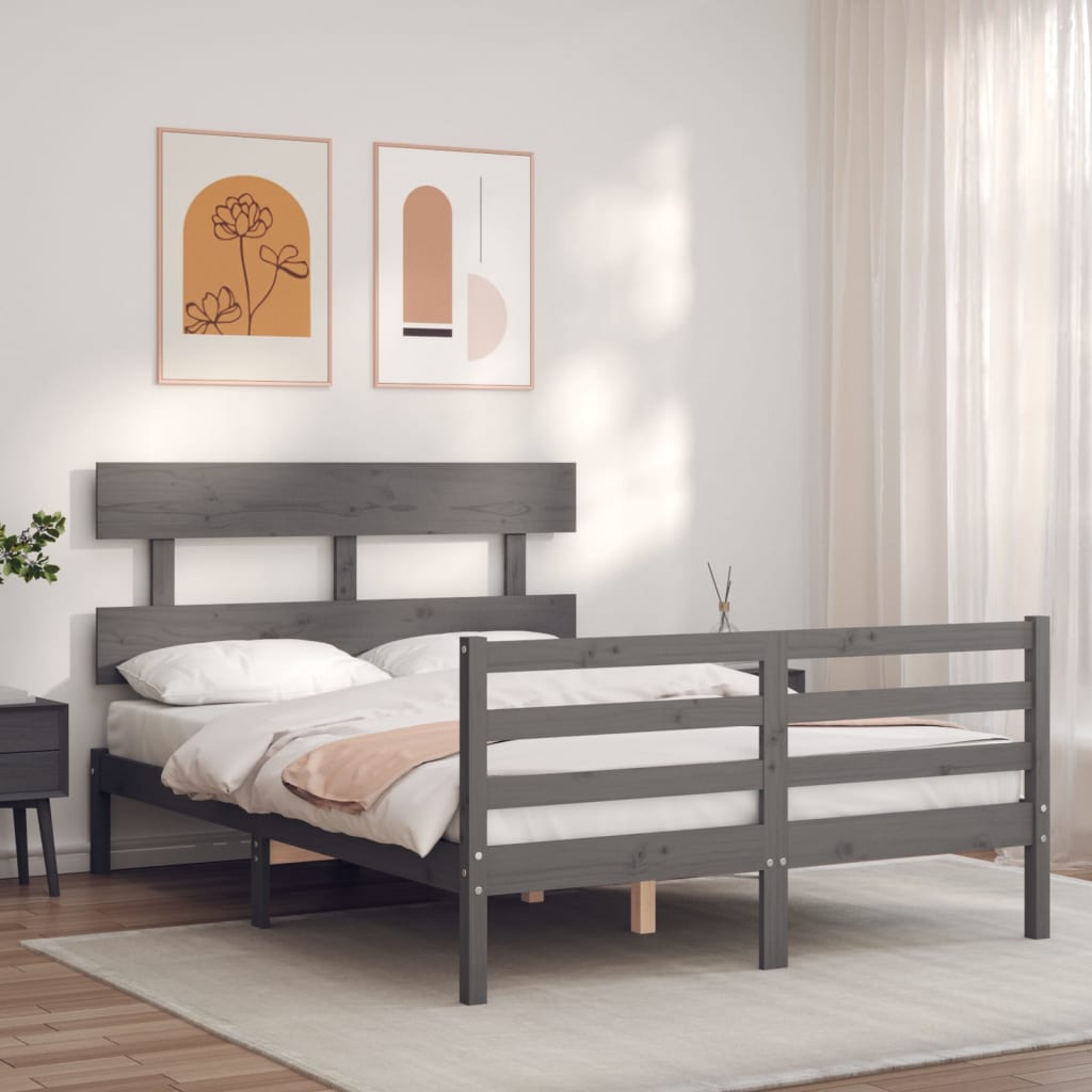 vidaXL Estructura cama de matrimonio con cabecero madera maciza gris