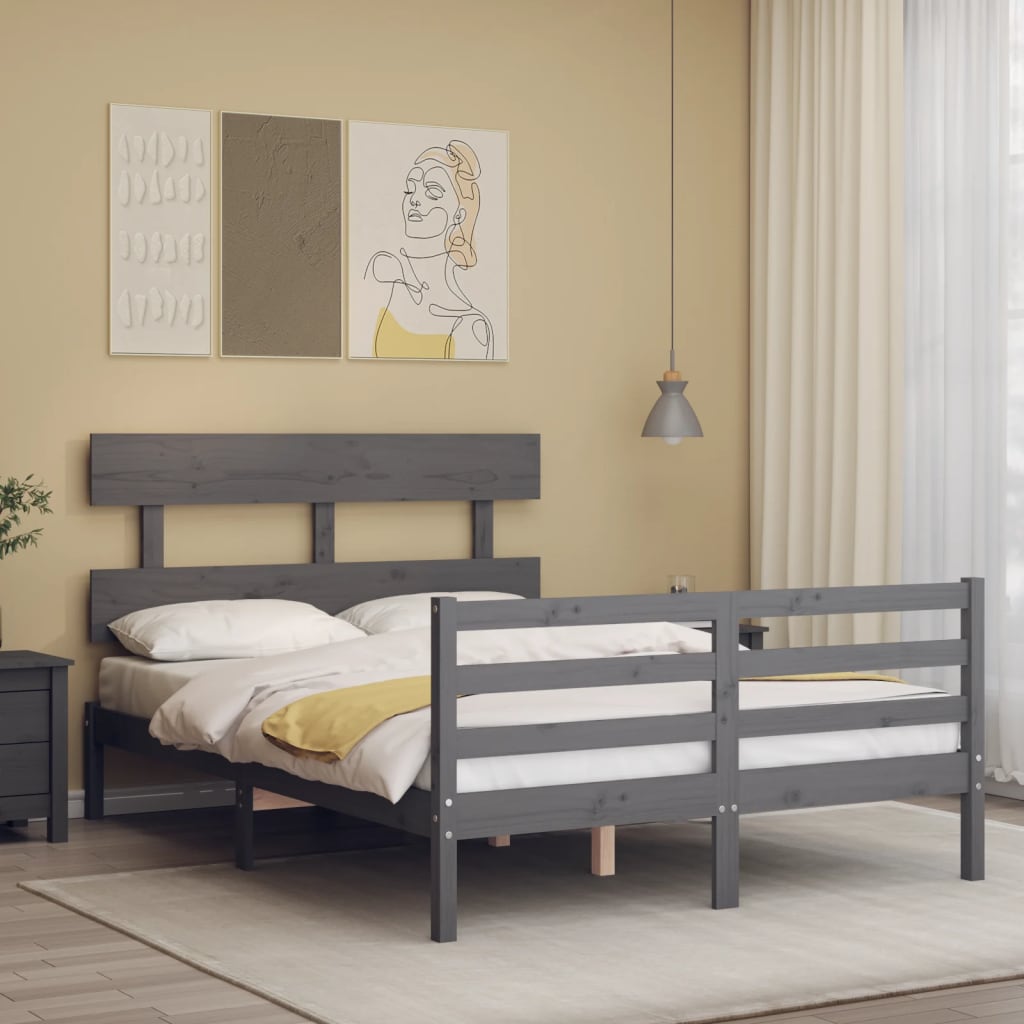 vidaXL Estructura cama de matrimonio con cabecero madera maciza gris