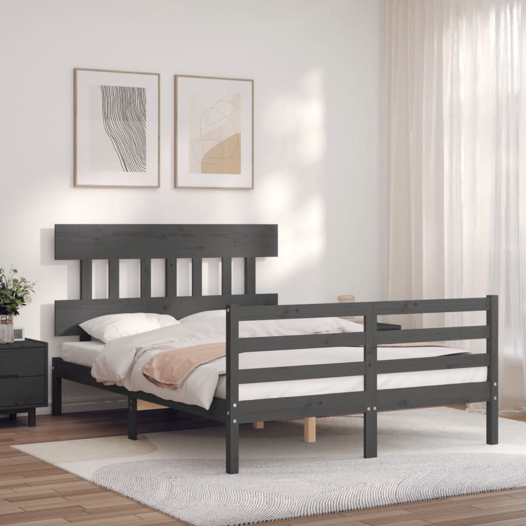 vidaXL Estructura cama de matrimonio con cabecero madera maciza gris