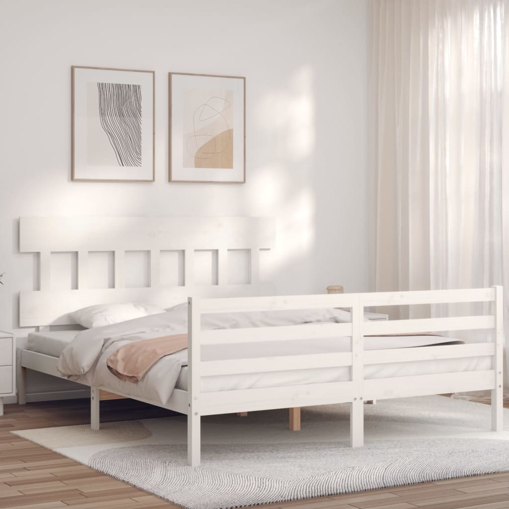 vidaXL Estructura de cama matrimonio con cabecero madera maciza blanco