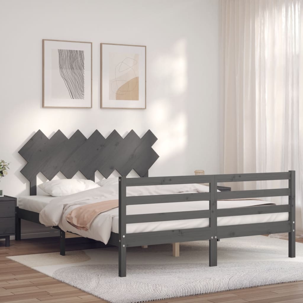 vidaXL Estructura de cama con cabecero madera maciza gris 140x190 cm