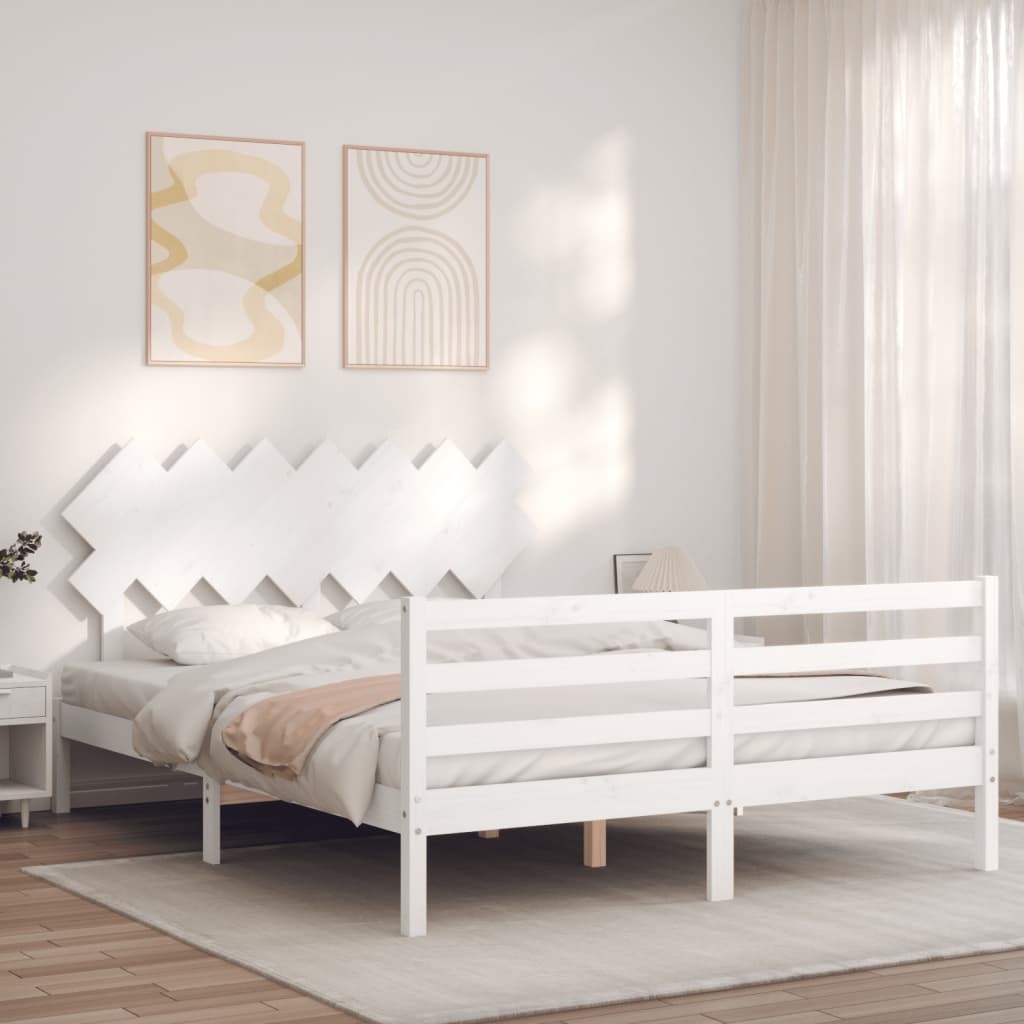 vidaXL Estructura de cama matrimonio con cabecero madera maciza blanco